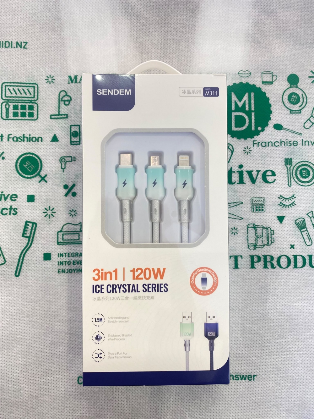 M311 1.5 M Crystal Series 120W 3-in-1 Braided Fast Charging Cable White