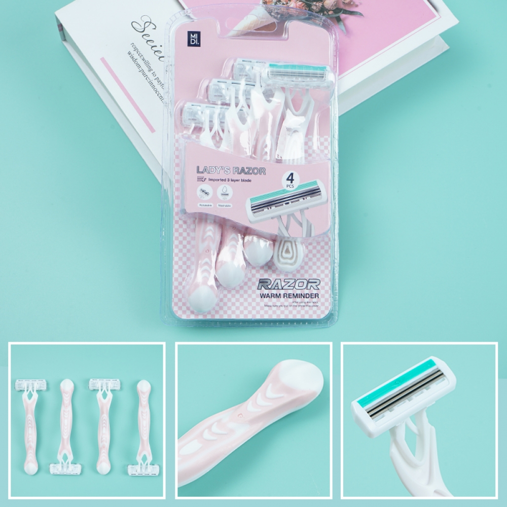 Comfortable three-layer lady's hair removal knife  4pcs pack/pink