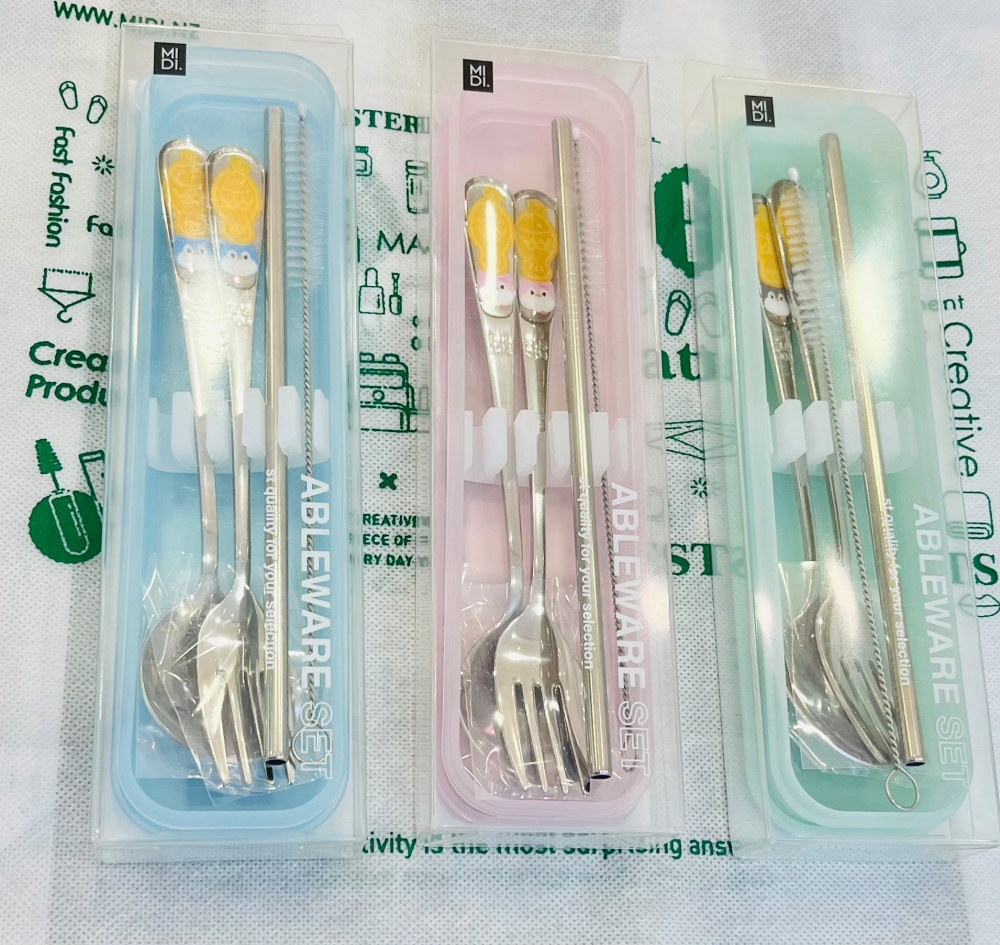 Penguin Spoon Fork And Straw Four Piece Utensil Set Assorted Colors