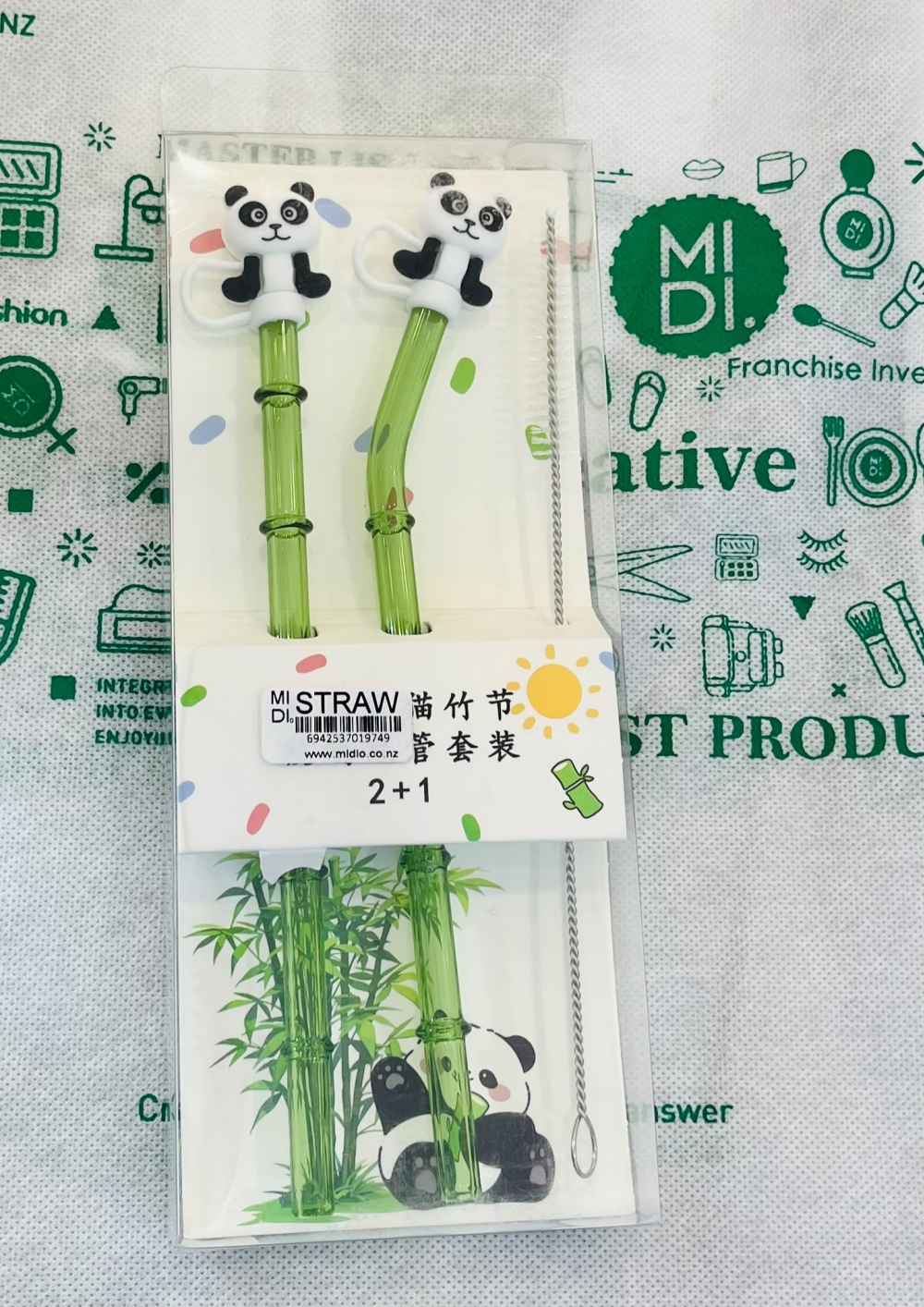 Creative Panda Bamboo Glass Straw Set 3 Piece Set
